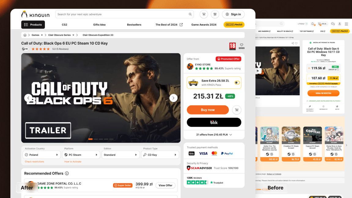 Final Design - Product Page before and after